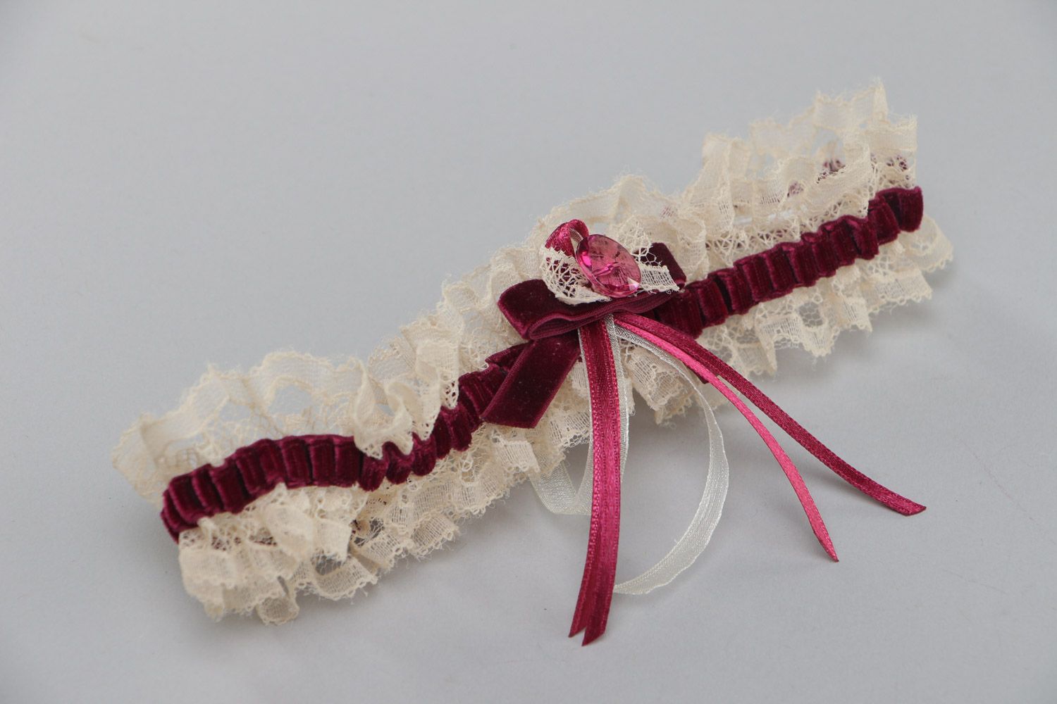 Handmade wedding bridal garter with lace and velor bow of dark violet color photo 2