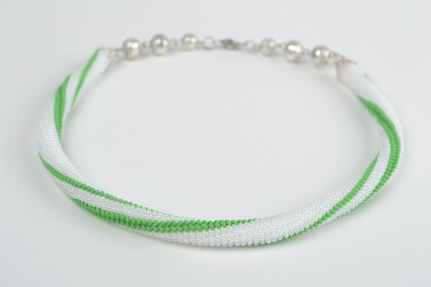 Handmade designer laconic woven beaded cord necklace white and green photo 4