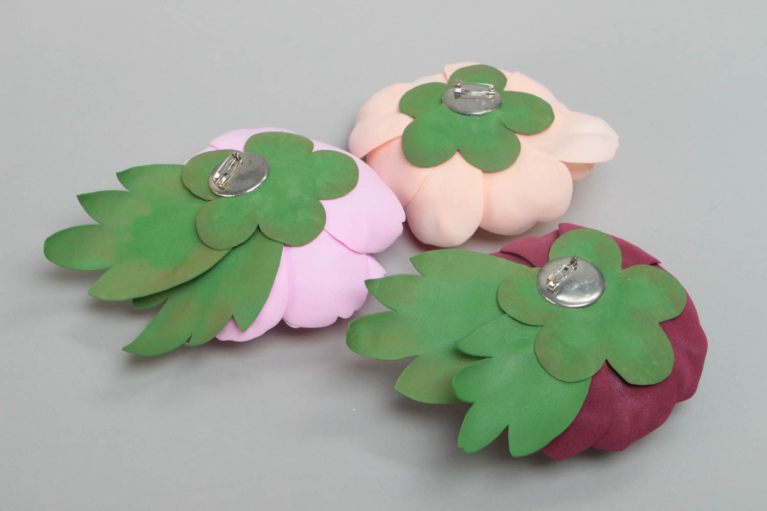 Set of 3 handmade designer brooches with volume large foamiran flowers photo 4