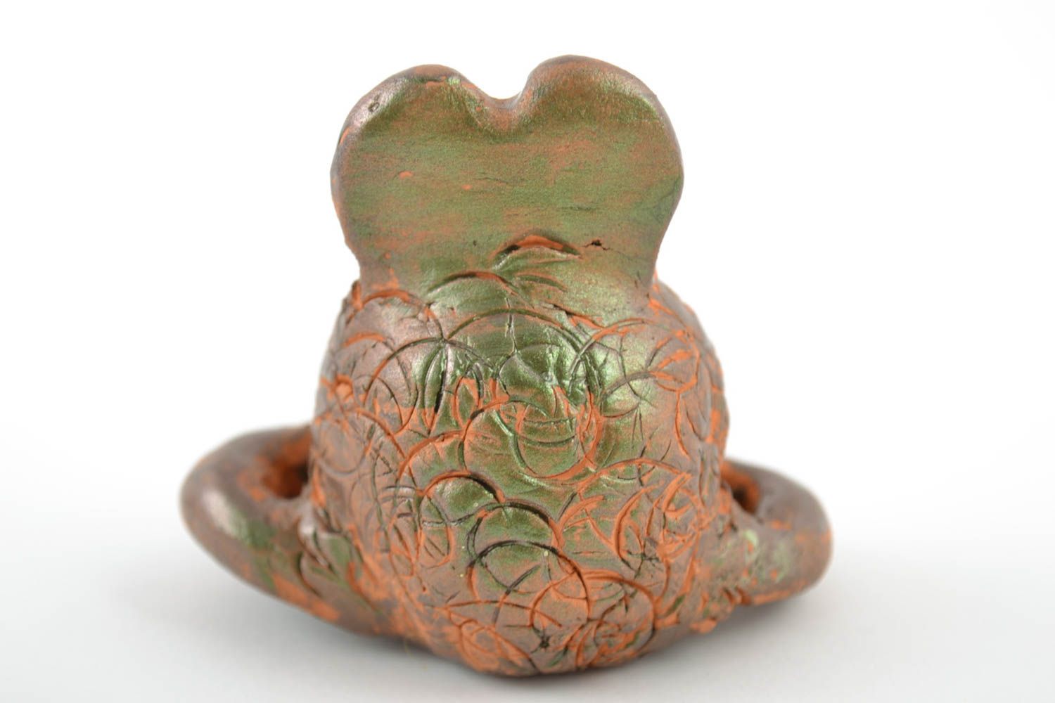 Handmade funny miniature collectible ceramic figurine of frog molded of red clay photo 4