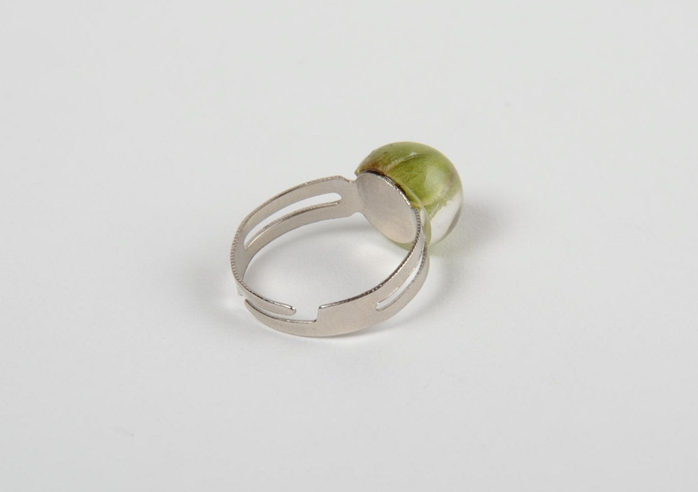 Tender small handmade ring with natural plant green leaf in epoxy resin  photo 3
