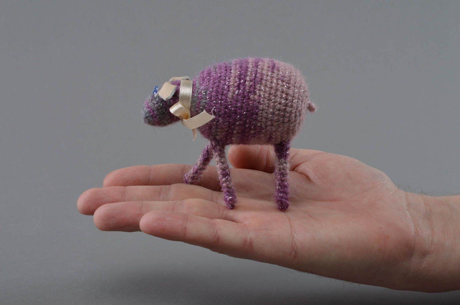 Unusual handmade designer crochet soft toy sheep of violet color photo 4