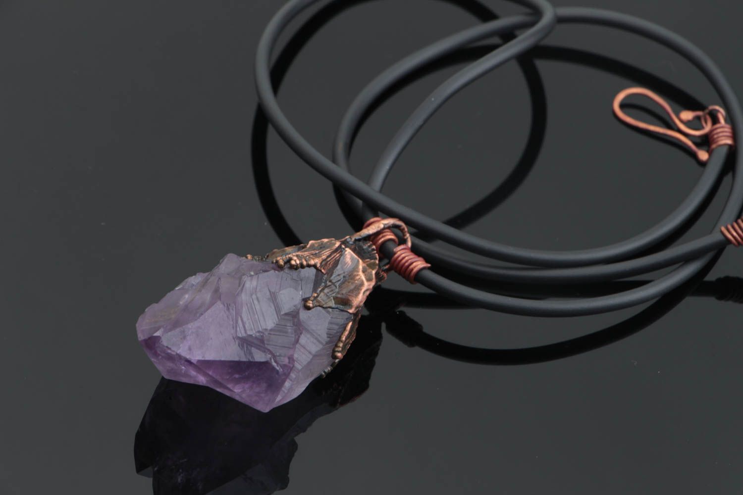 Stylish handmade designer copper neck pendant with amethyst on rubber cord photo 1