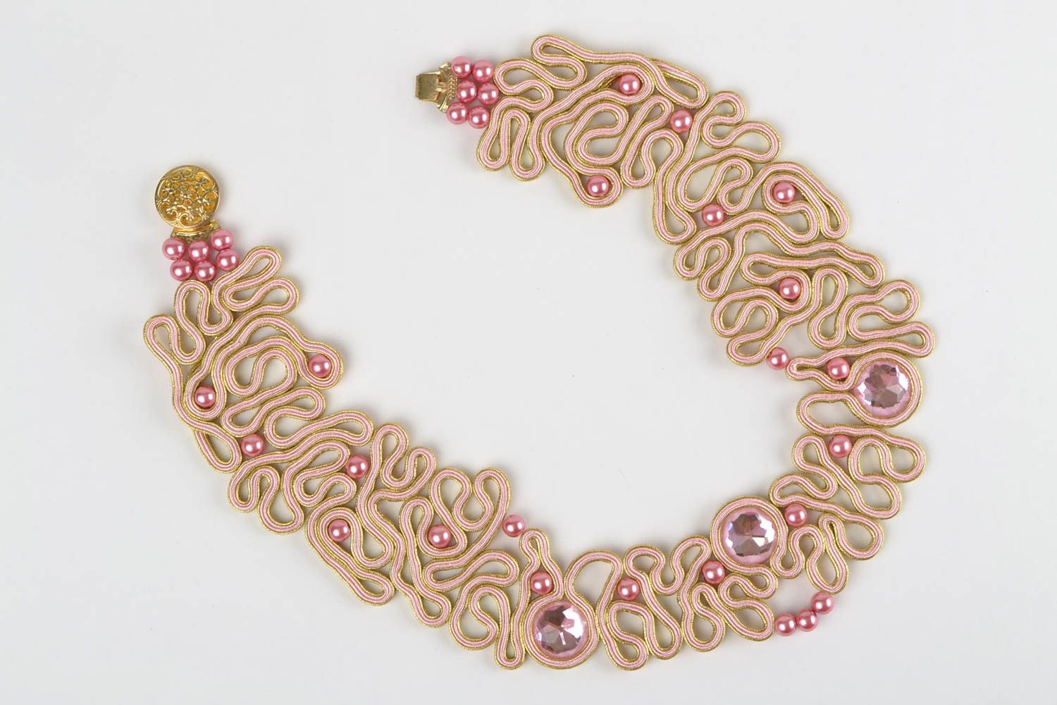 Beautiful handmade designer soutache necklace white with pink beads photo 4