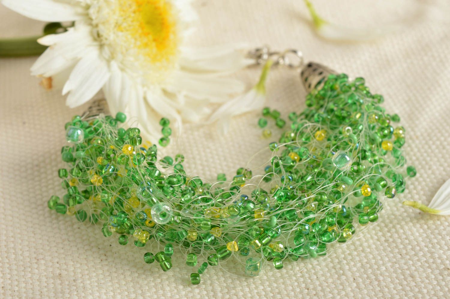 Handmade airy green wrist bangle bracelet crocheted of light green beads and fishing line  photo 1