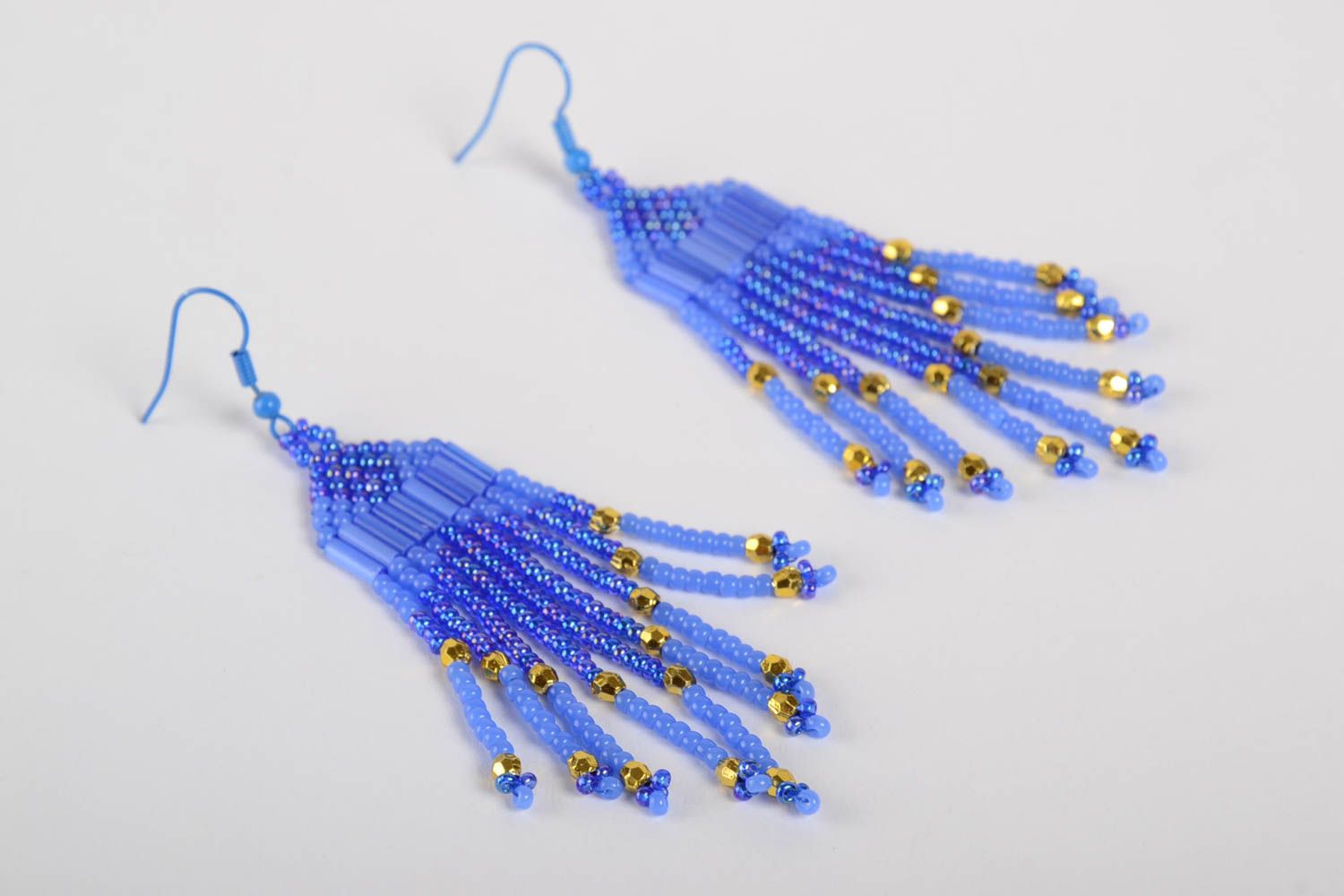 Boucles d'oreilles en perles de rocaille faites main bleues longues belles photo 3
