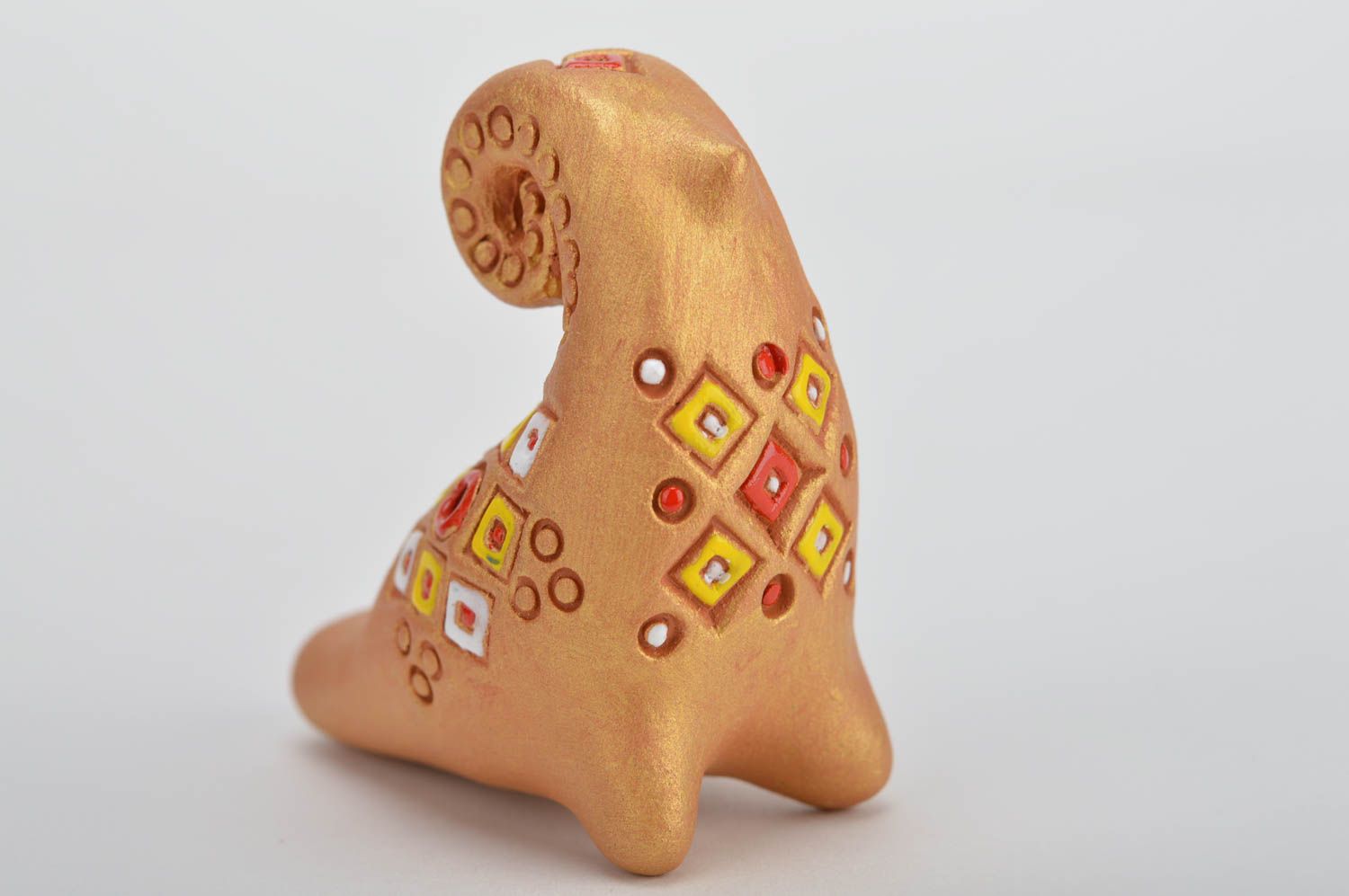 Goldish handmade painted unusual beautiful folk toy whistle made of clay photo 2