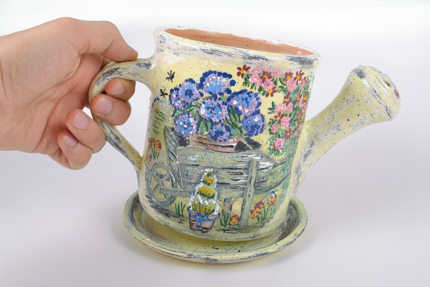 Pot de fleur en terre cuite en forme d'arrosoir peint décoratif fait main photo 2
