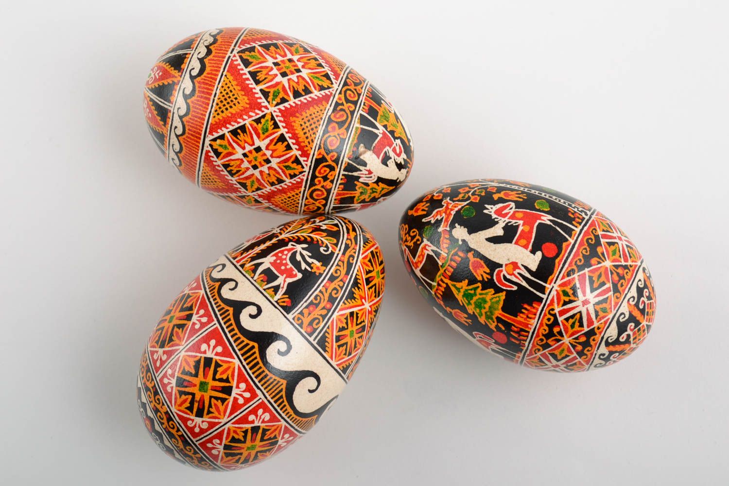 Colorful painted goose Easter eggs set 3 pieces hand made with patterns photo 4