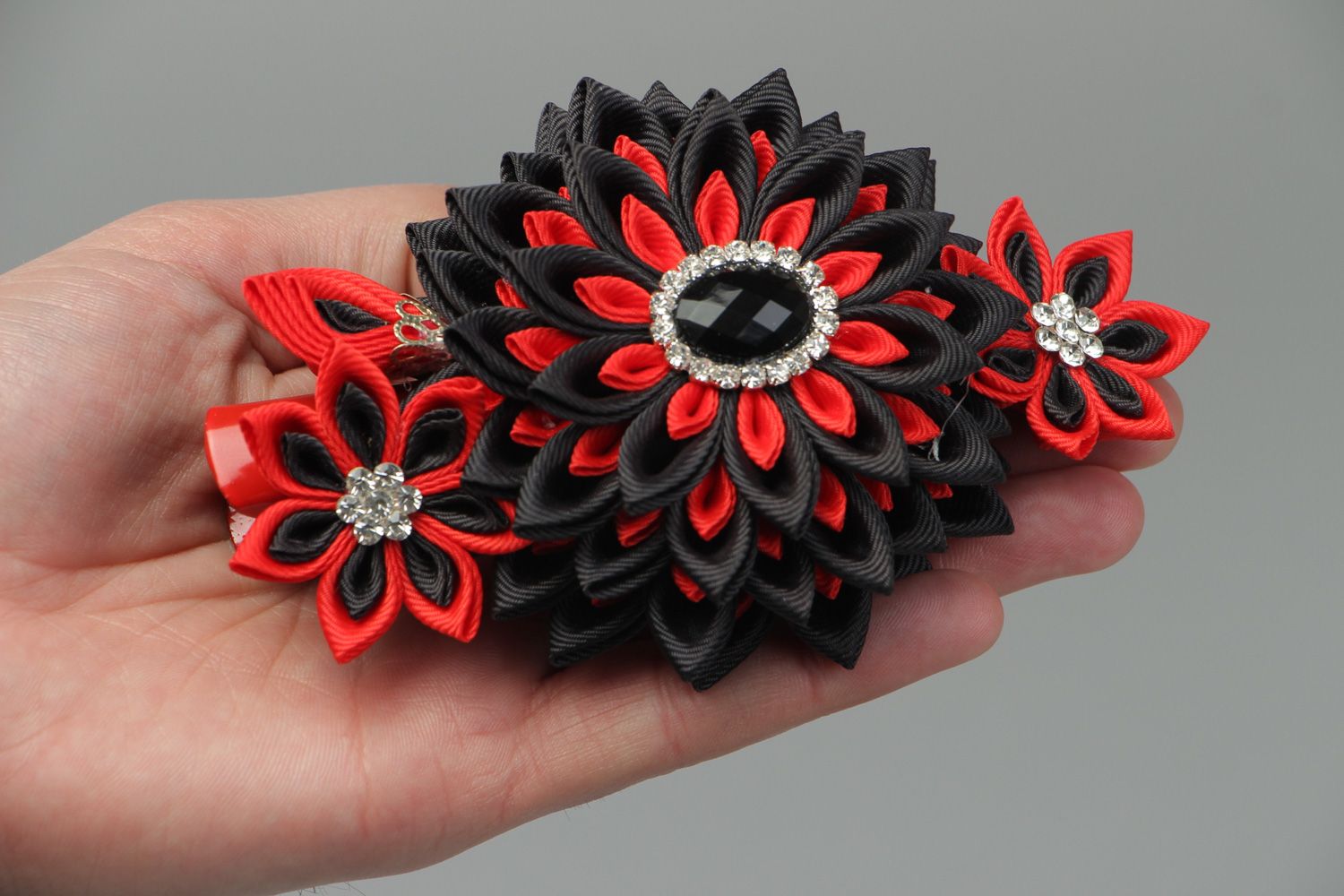 Black and red handmade hair clip with kanzashi flower created of rep ribbons photo 4
