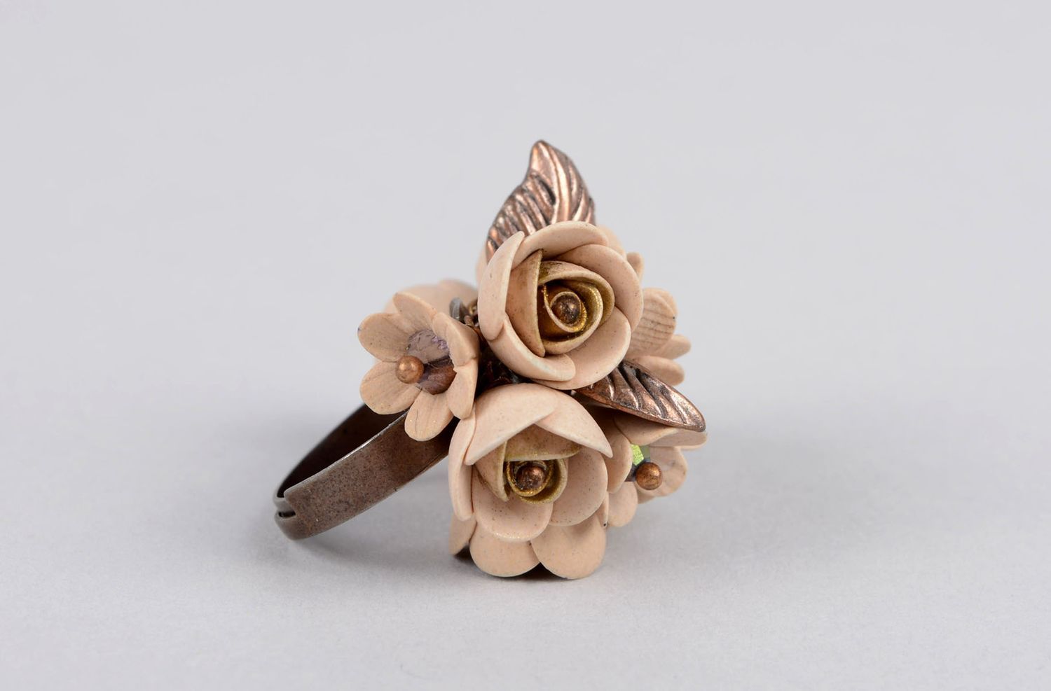 Handmade plastic ring polymer clay ring with flowers stylish present for women  photo 1