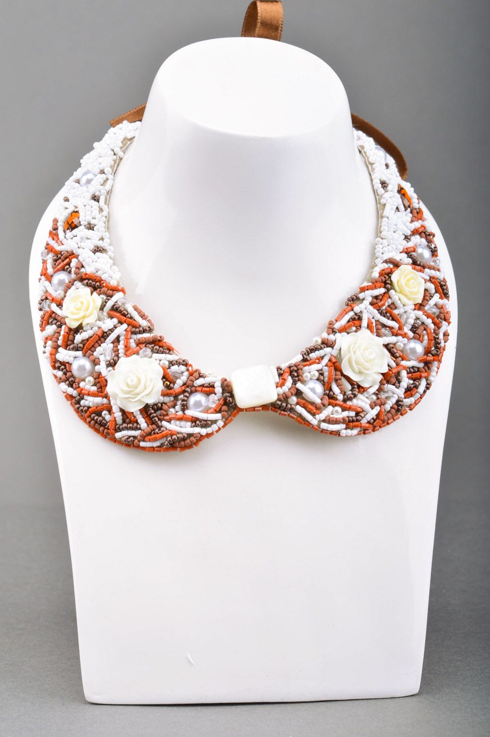 Handmade designer bead embroidered collar necklace with plastic roses and ribbon photo 1