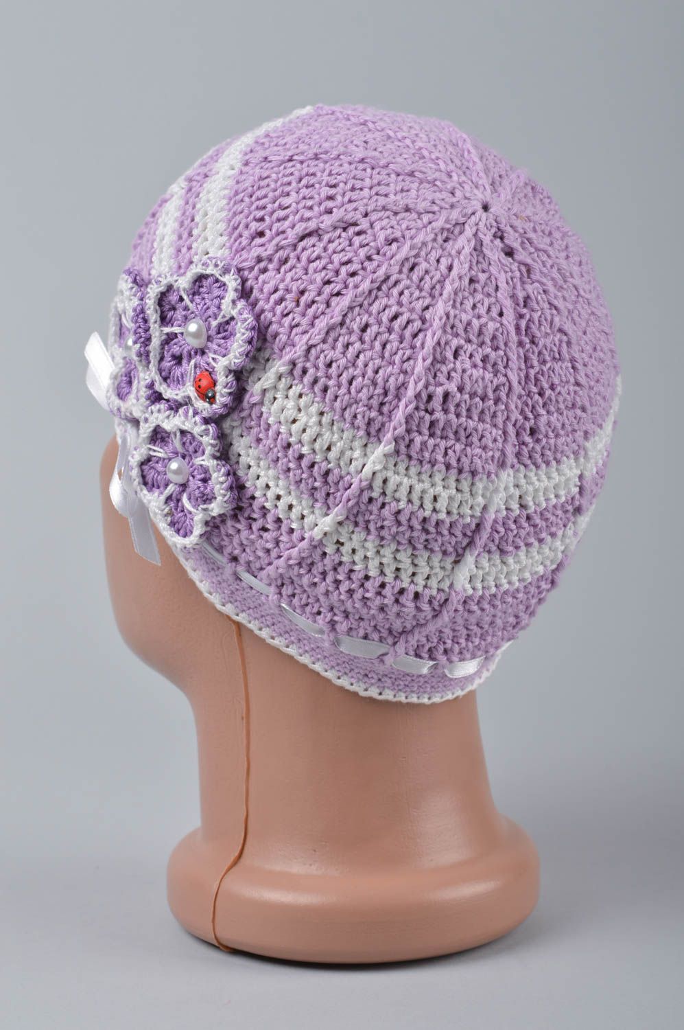 Bonnet fille fait main Bonnet tricot crochet coton violet fleurs Vêtement enfant photo 5