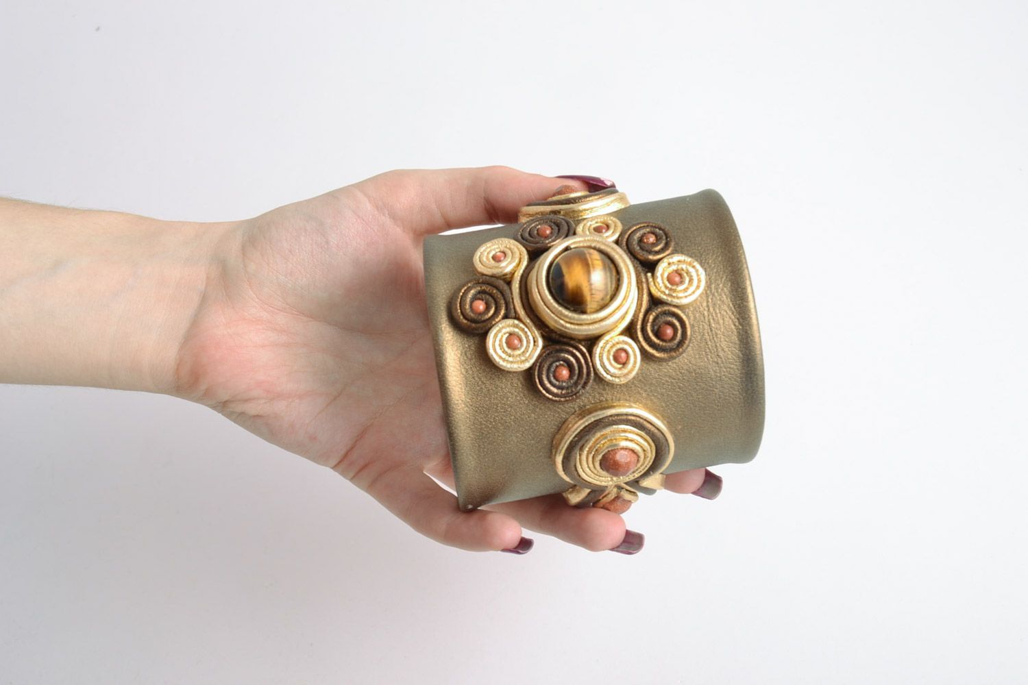Кожаный браслет с натуральными камнями коричневый широкий необычный хенд мэйд фото 5