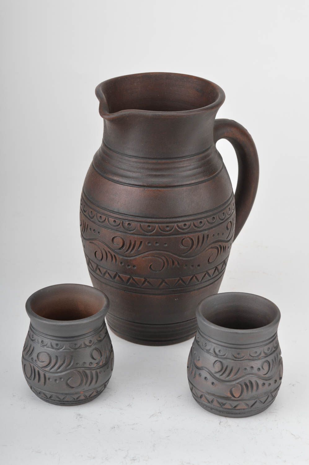 60 oz ceramic milk jug's set with two milk glasses with handmade pattern in brown color 2,5 lb photo 5