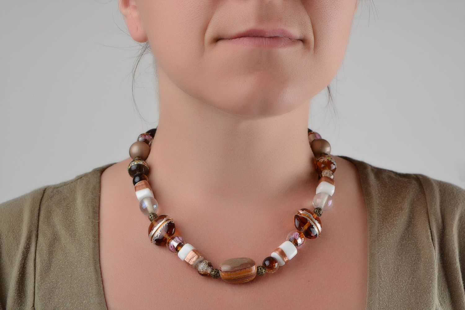 Handmade designer women's necklace with natural stone and glass brown and white photo 2