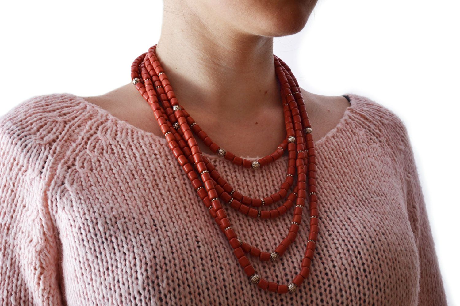Long collier en terre cuite rouge multirang stylé fait main original pour femme photo 1