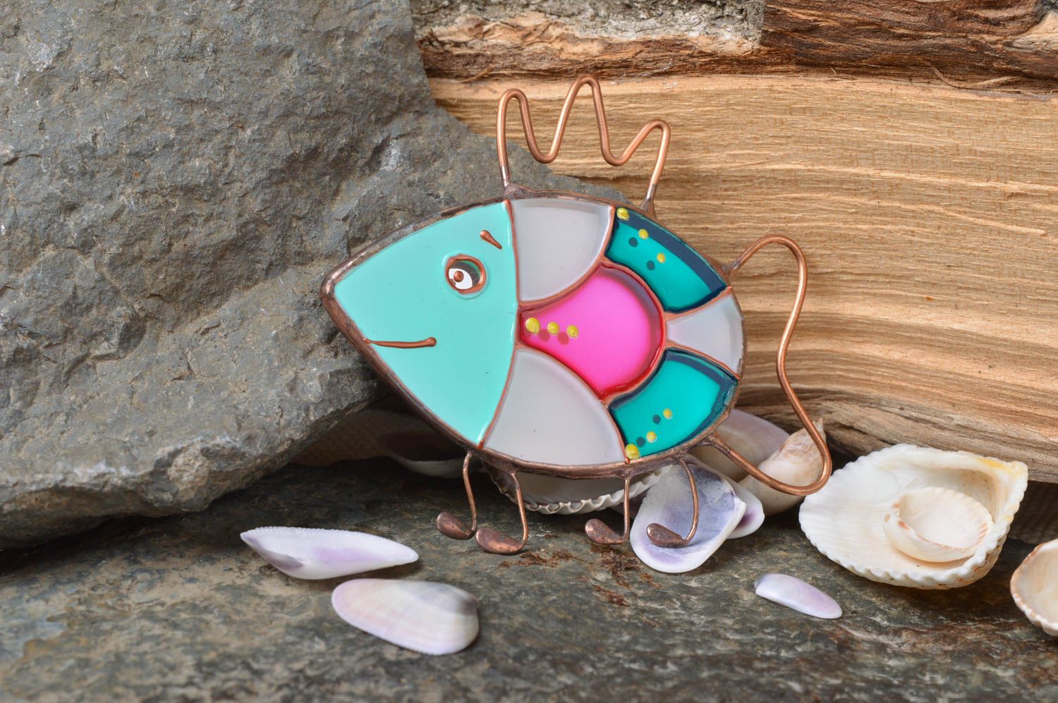 Handmade cute designer decorative stained glass fridge magnet colorful fish  photo 1