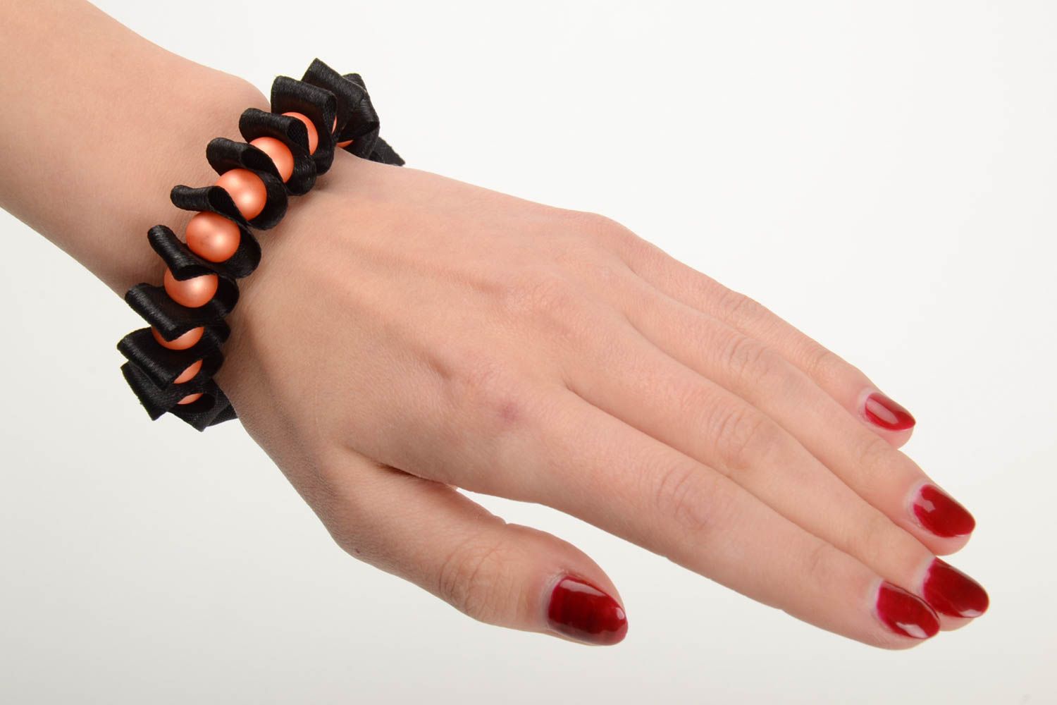 Handmade black wrist bracelet woven of satin ribbon and glass beads Lady photo 5