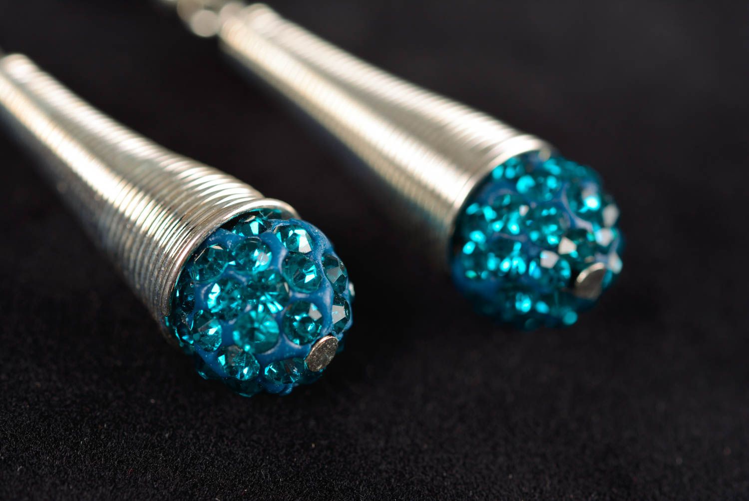 Handmade metal earrings with blue beads beautiful stylish handmade accessory photo 4