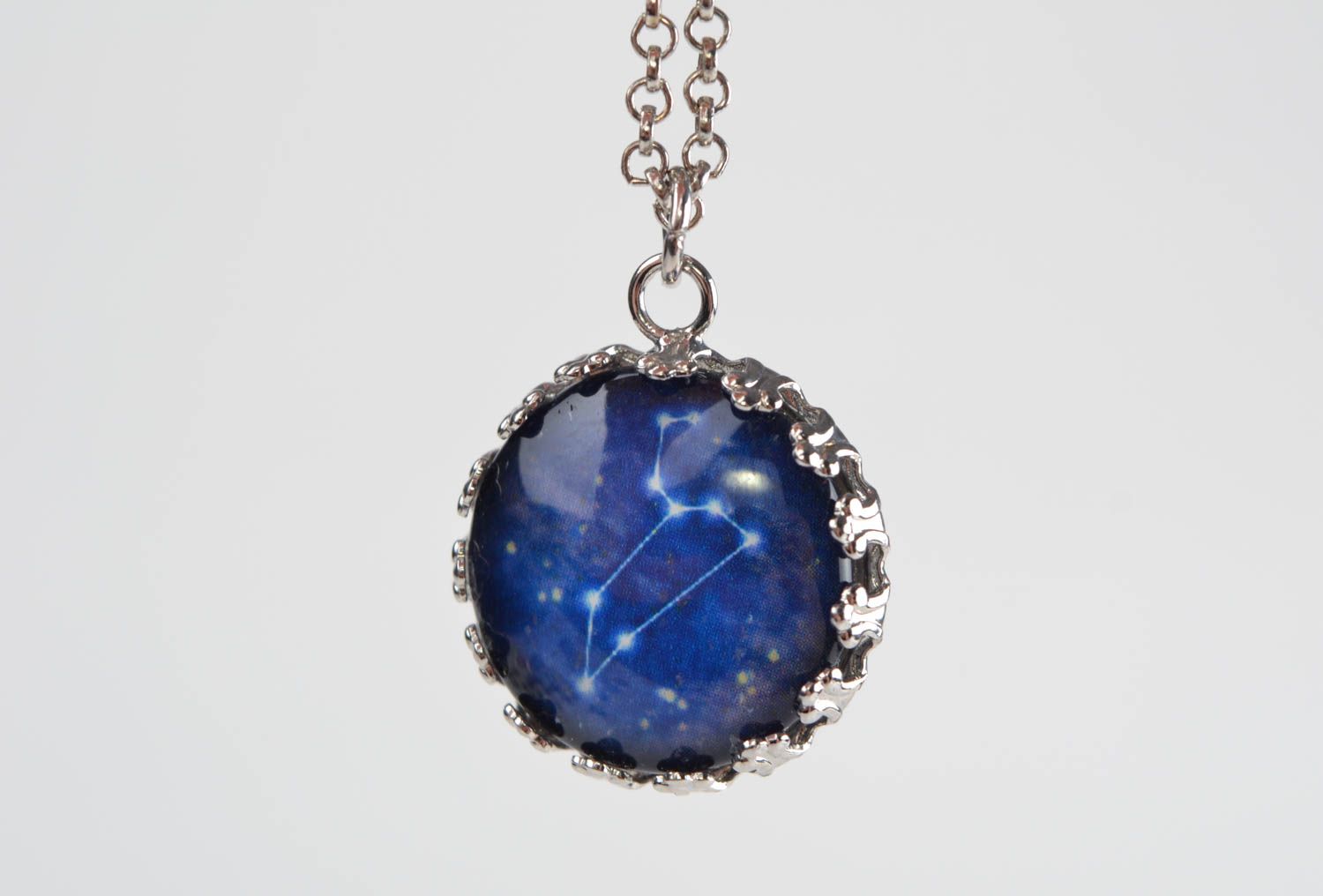 Handmade designer glass pendant on long metal chain with Zodiac sign Leo photo 4