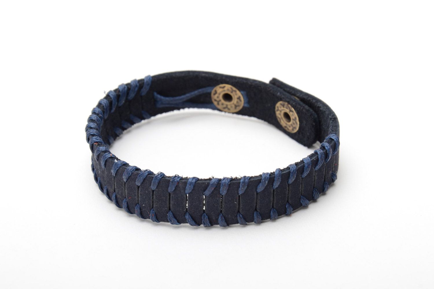 Laconic handmade blue genuine leather wrist bracelet with synthetic cord unisex photo 3