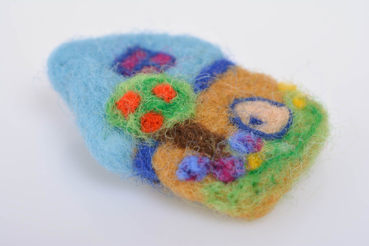 Handmade designer brooch felted of natural wool in the shape of colorful house photo 3