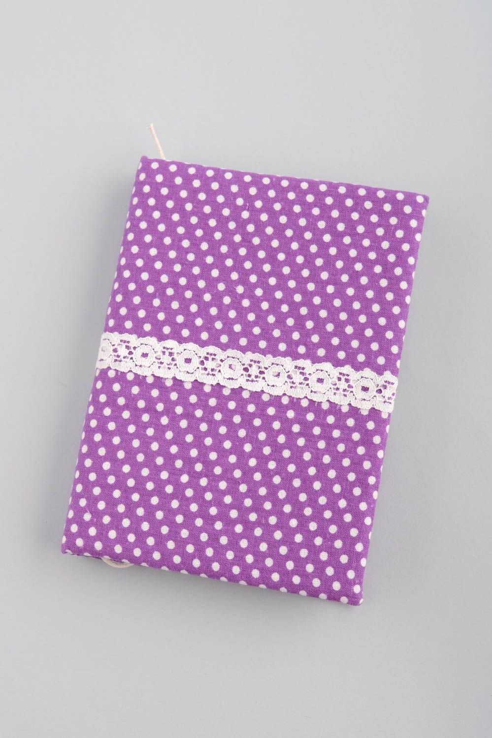Handmade designer notebook with bright violet polka dot fabric cover with lace photo 2