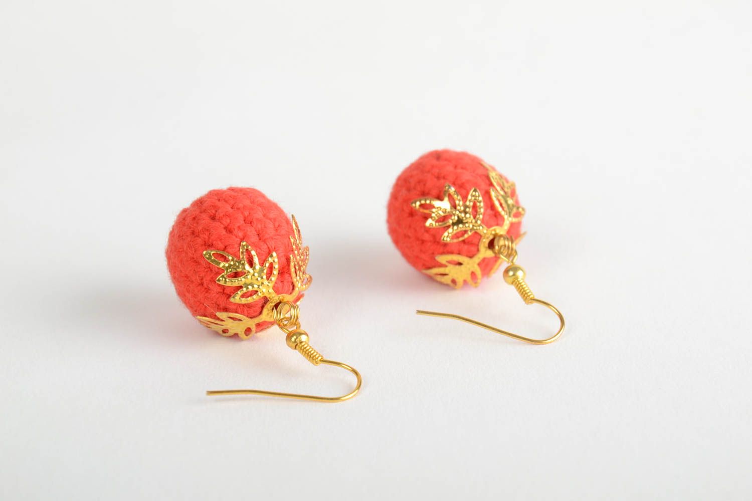 Beautiful red handmade crochet ball earrings for women photo 4