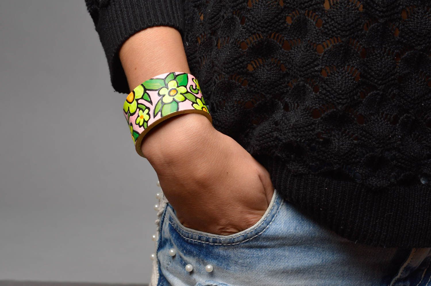 Bracelet cuir naturel Bijou fait main motif floral multicolore Accessoire femme photo 5