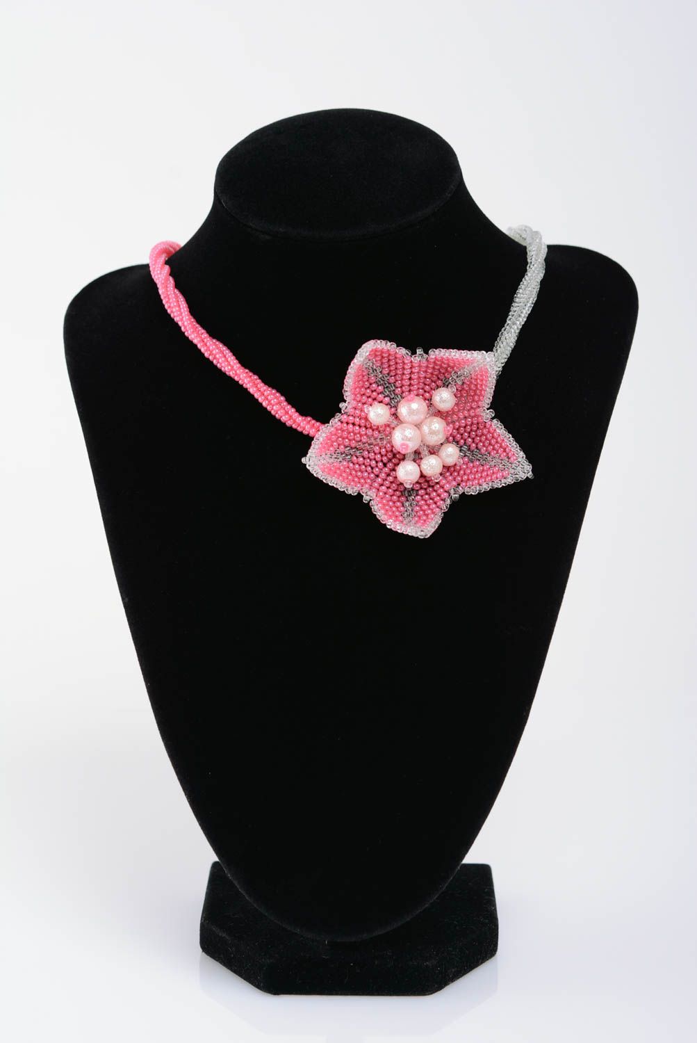 Gentle pink handmade designer women's woven beaded necklace with flower photo 3