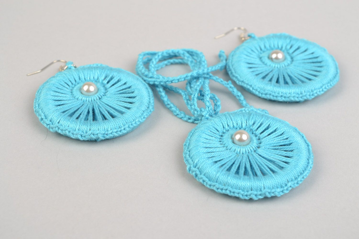 Ensemble de bijoux bleus ronds textiles faits main pour femme 2 pièces photo 5