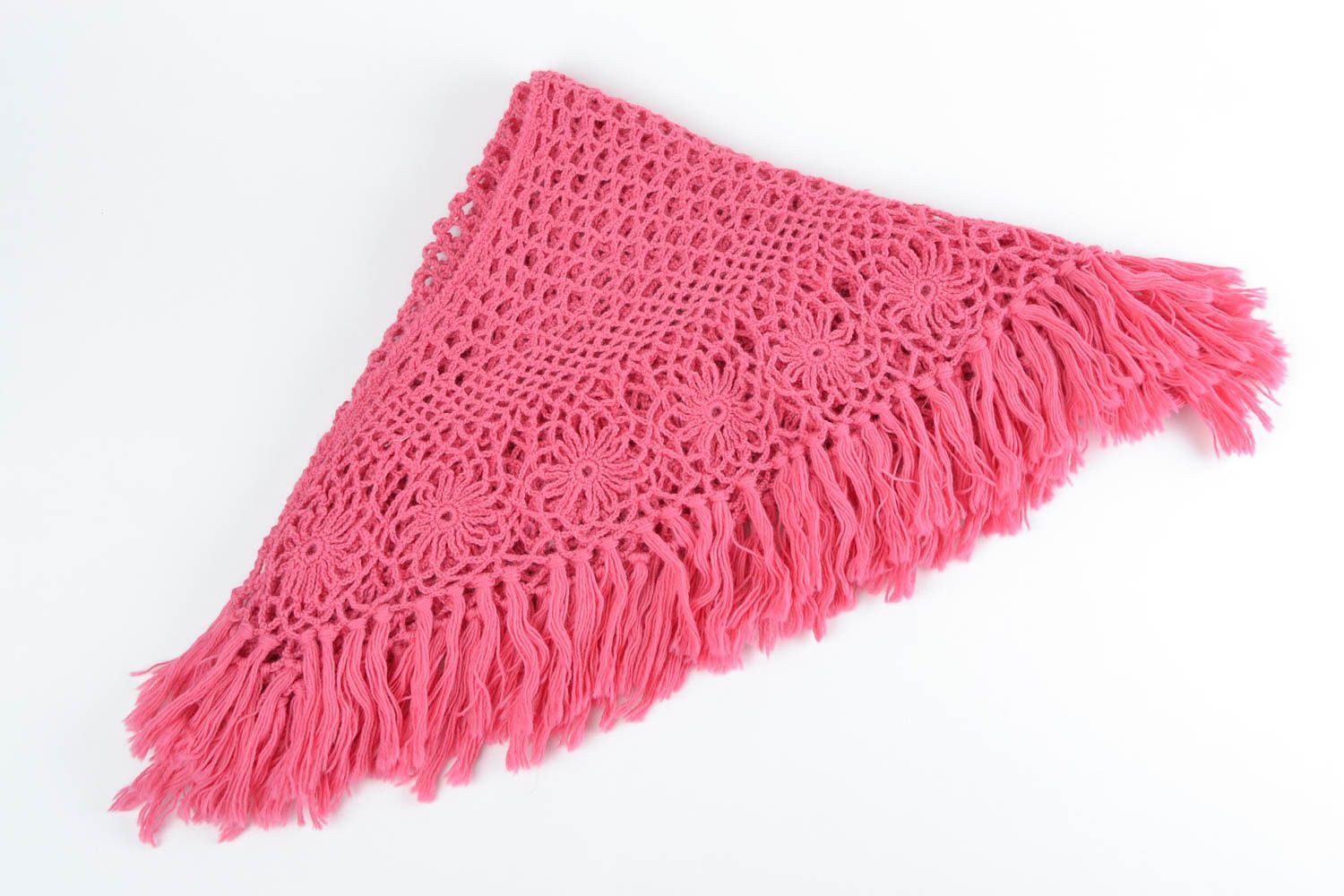 Châle au crochet Écharpe en laine fait main rose avec franges Cadeau femme photo 5