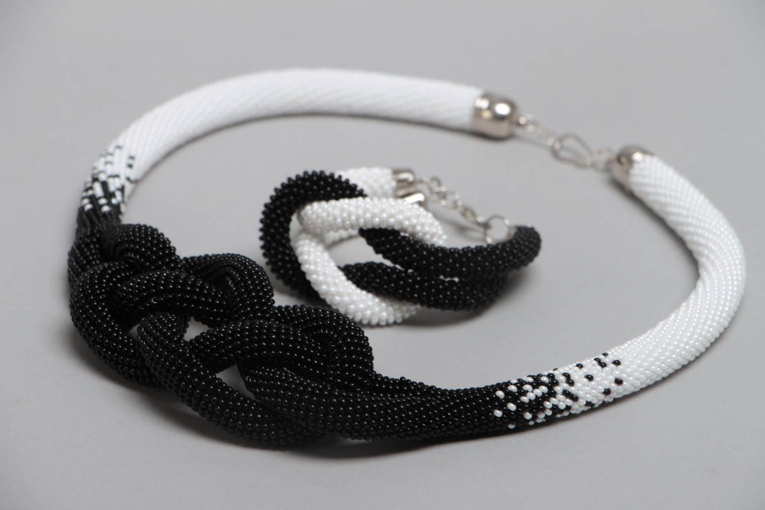 Beaded jewelry necklace and bracelet in shape of cords black and white beautiful photo 3