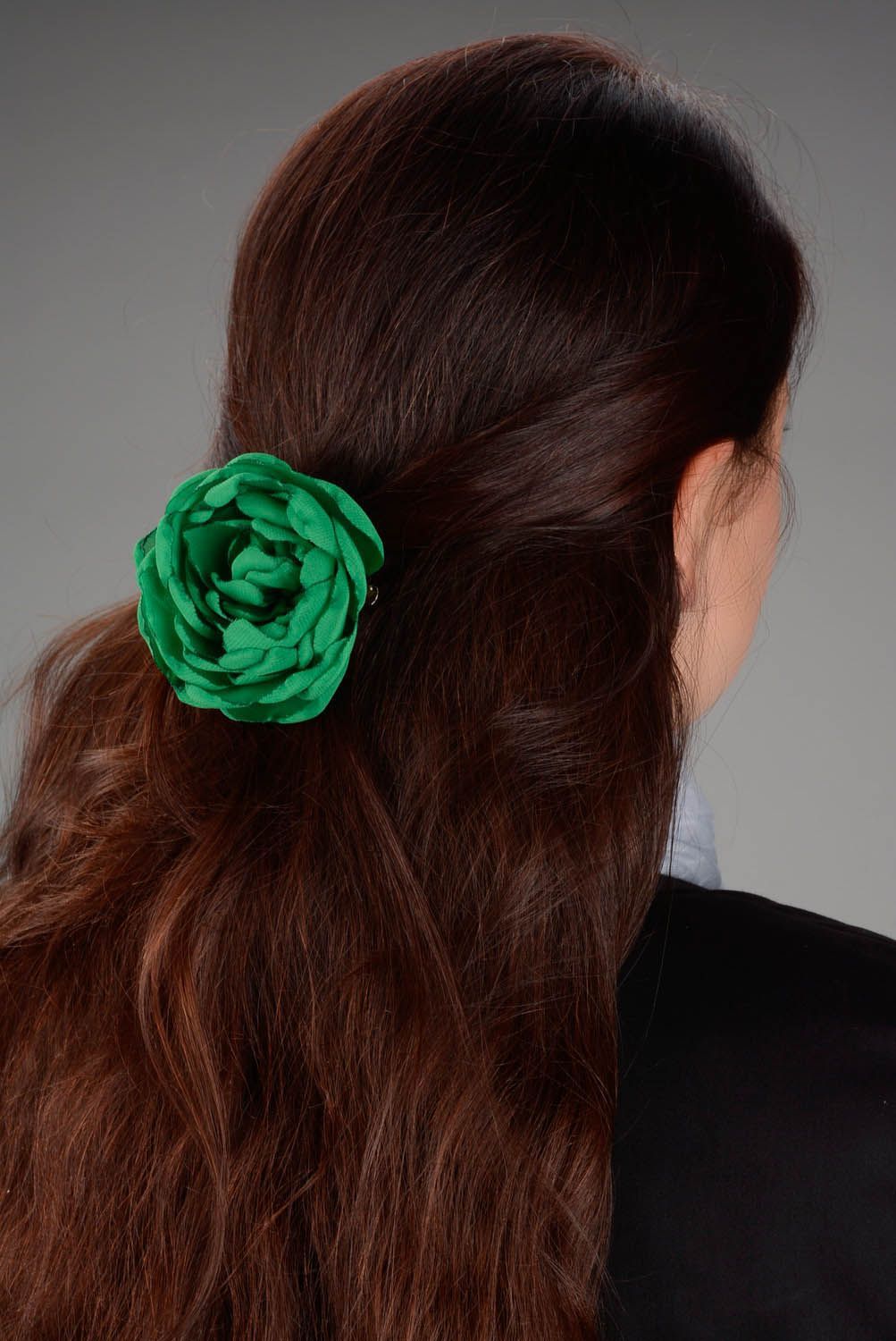 Brooch-hair pin made of chiffon Green flower photo 5