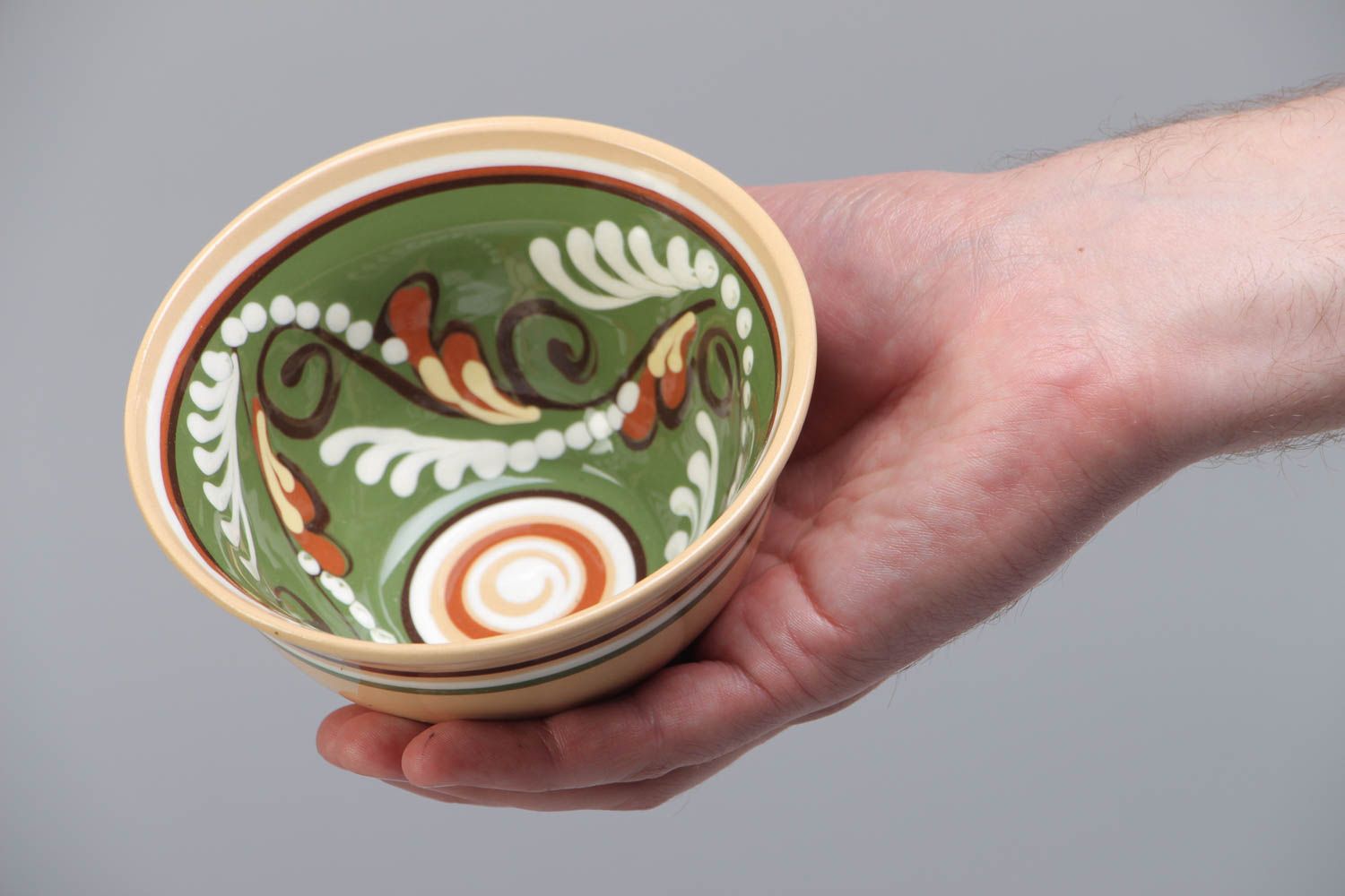 Handmade decorative ceramic bowl painted in green and brown colors 250 ml photo 5