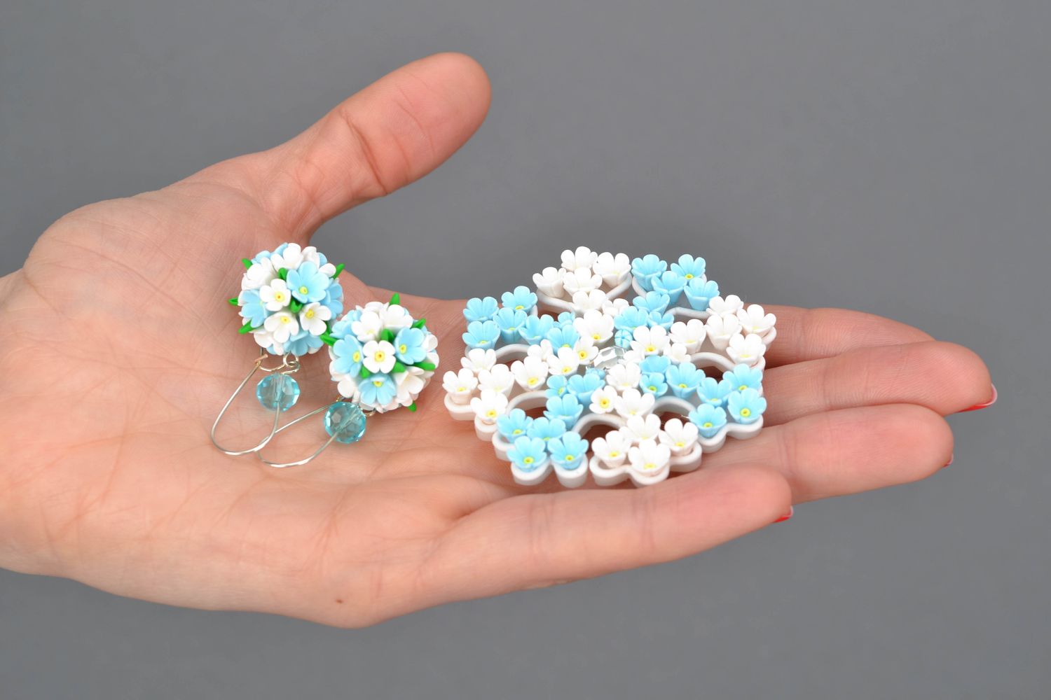 Set of polymer clay flower earrings and brooch photo 2
