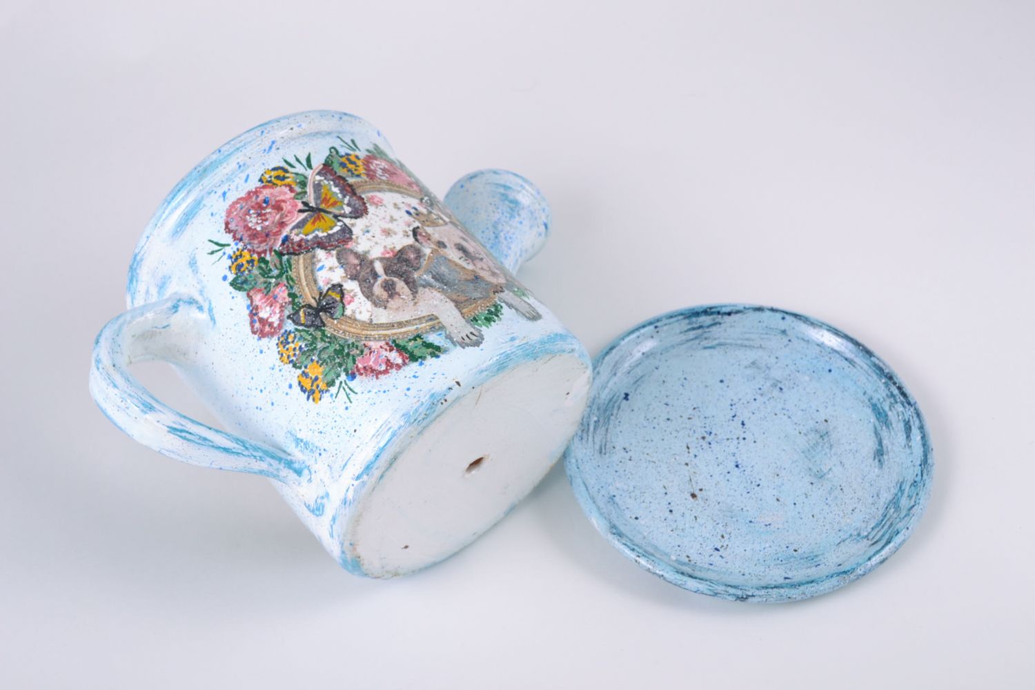 Pot de fleur en terre cuite en forme d'arrosoir bleu décoratif fait main photo 5