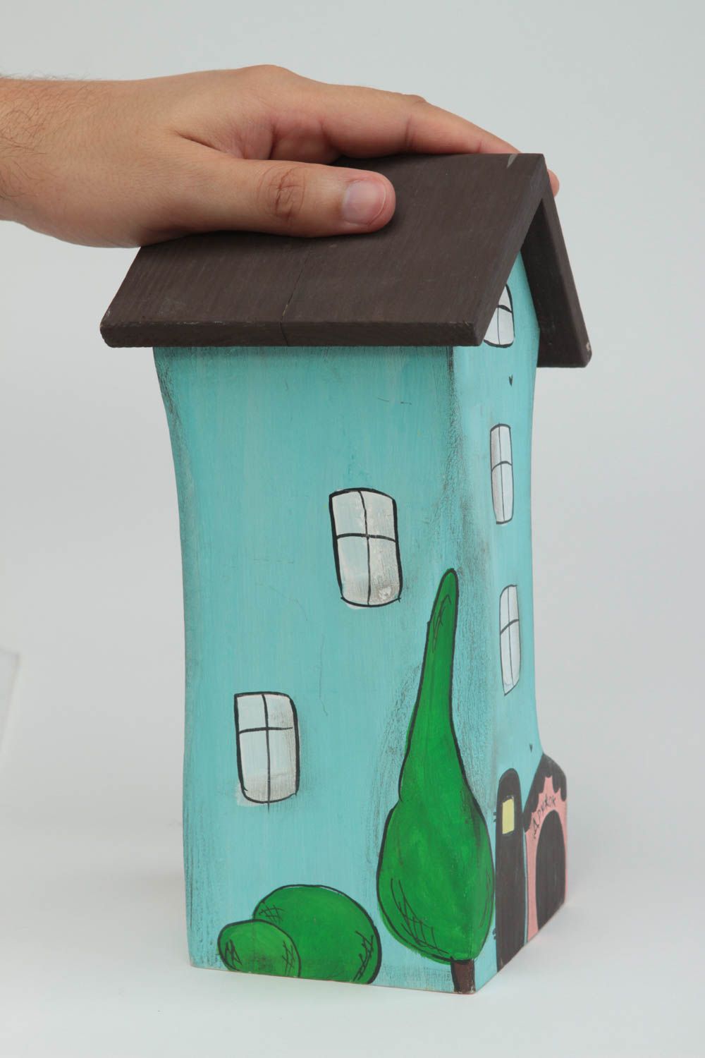 Maisonnette en bois faite main Petite figurine Cadeau original bleue miniature photo 5