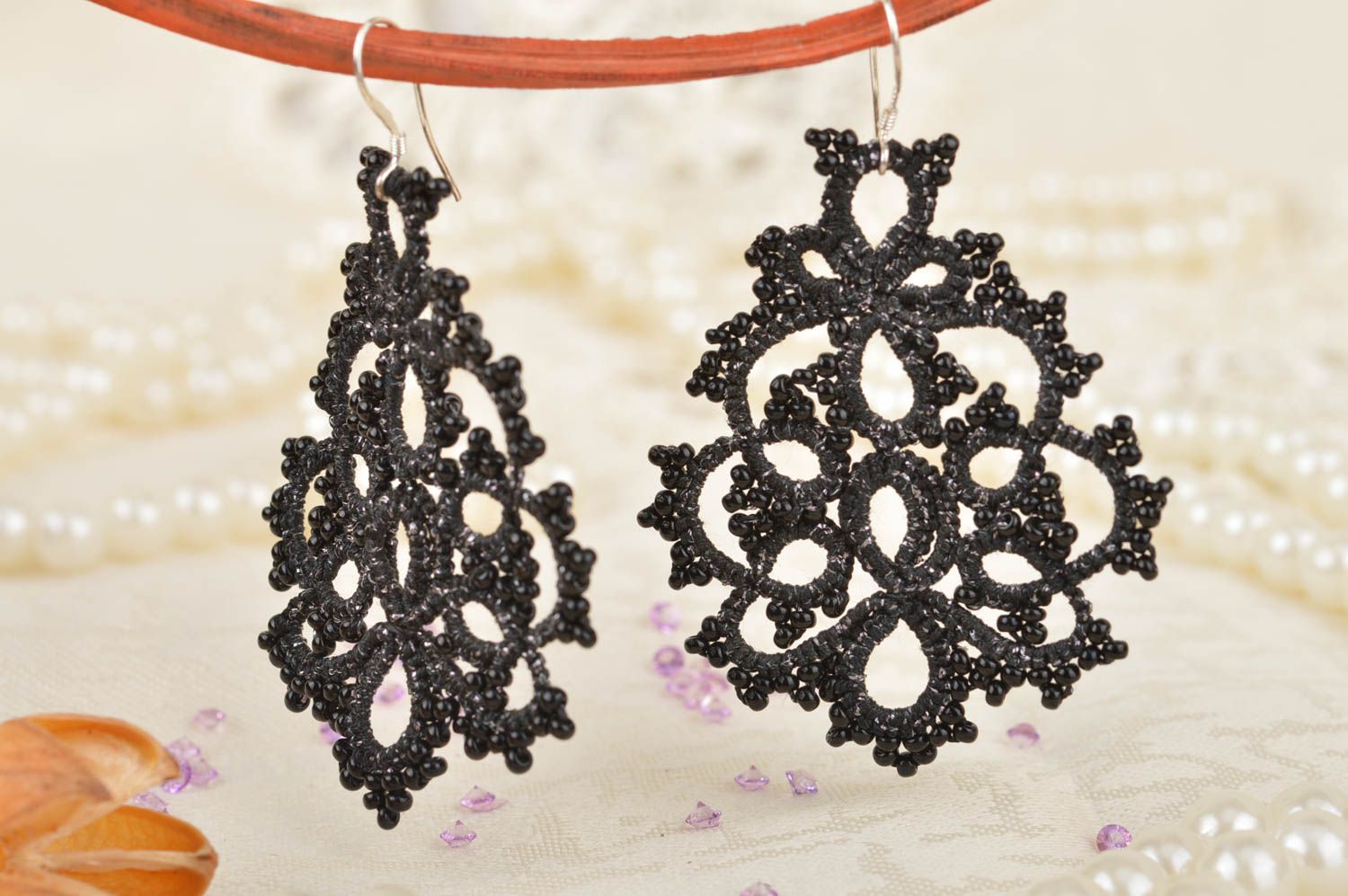 Handmade designer lace drop dangle tatted earrings festive black jewelry  photo 3