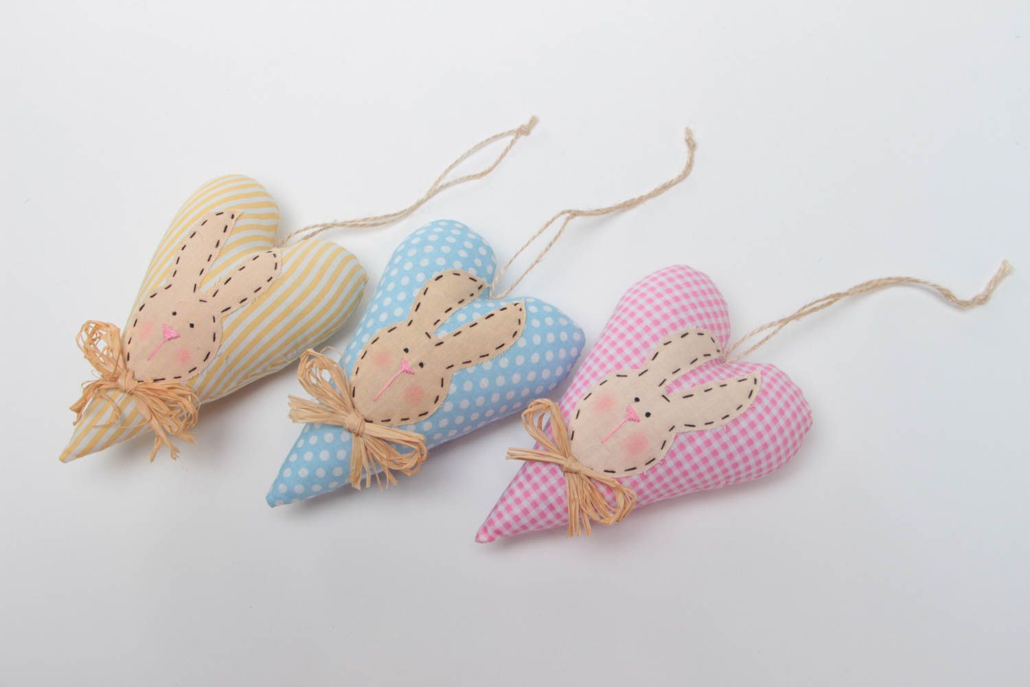 Set of 3 small handmade colorful soft interior hanging hearts photo 2