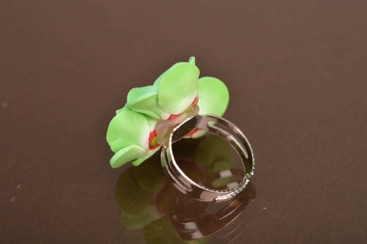 Handmade cute designer ring with tender green polymer clay water lily flowers photo 4