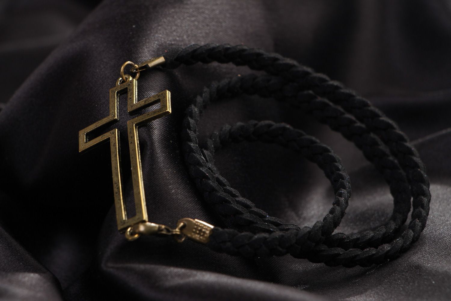Handmade multi row wrist bracelet woven of black cord with metal cross unisex photo 4