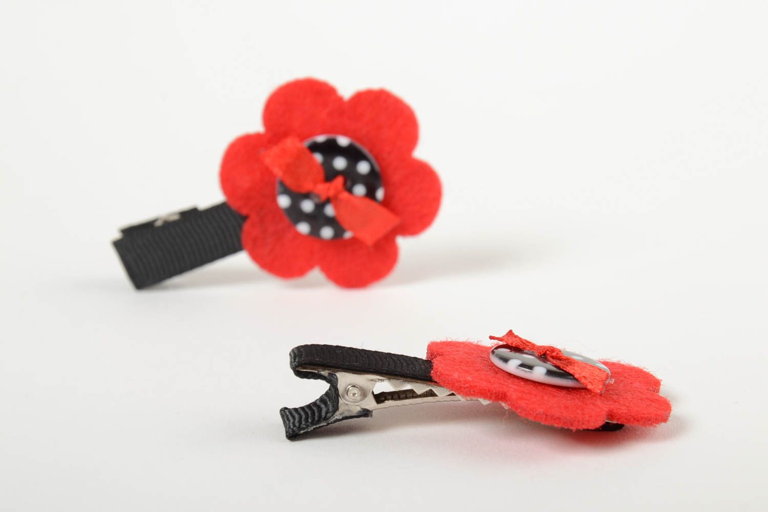 Hairpins with flowers for children set of 2 pieces red and black hand made  photo 4