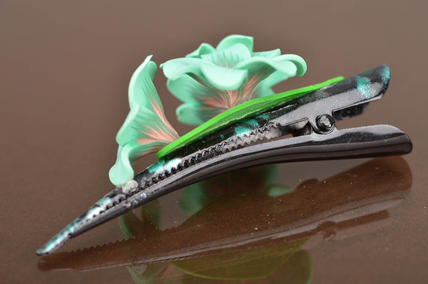 Handmade designer polymer clay hair clip with volume flowers of mint color photo 3