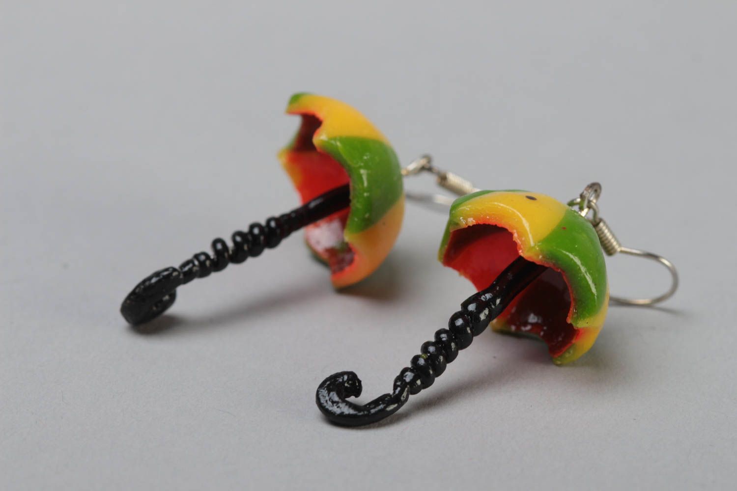 Handmade polymer clay dangling earrings with colorful umbrellas for girls  photo 3