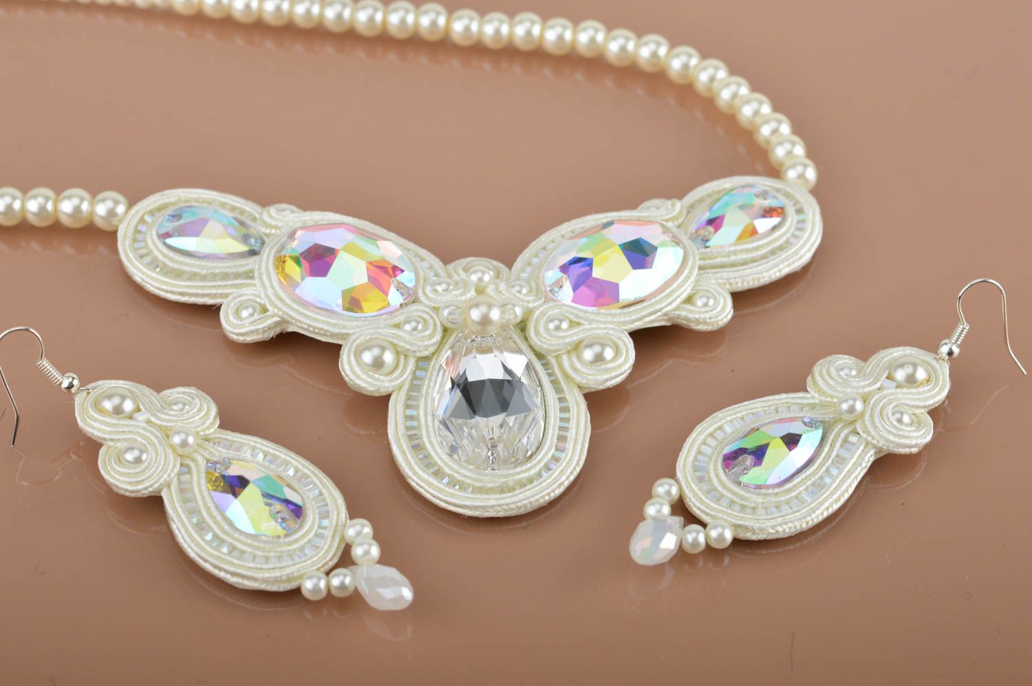 Beautiful handmade jewelry set soutache necklace and earrings of white color photo 5