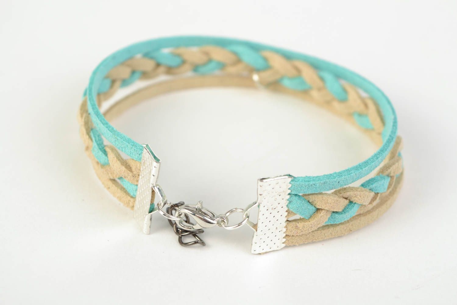 Beautiful handmade woven suede cord bracelet of pastel colors with bird charm photo 4