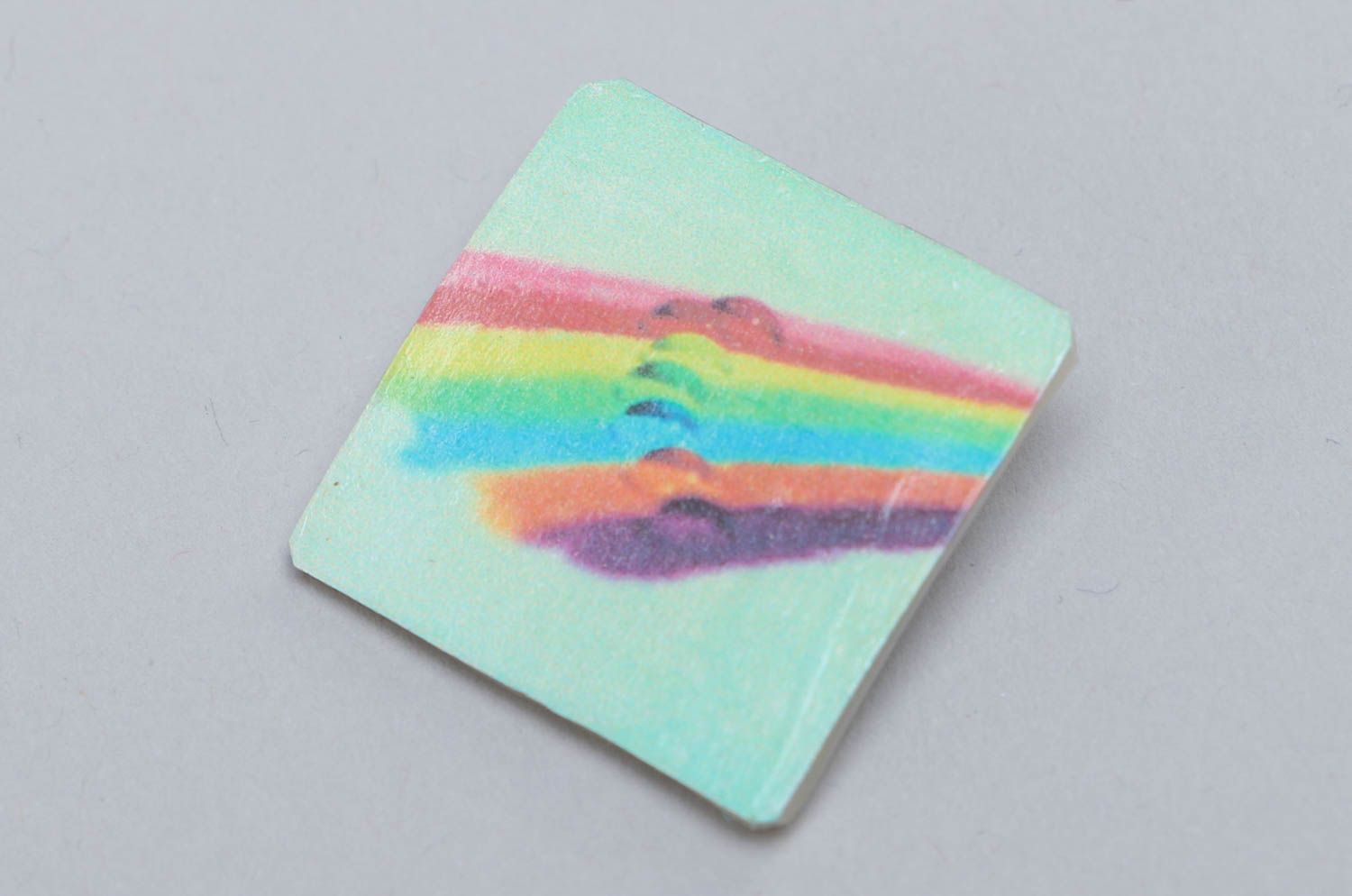 Handcrafted designer square brooch with rainbow made of plastic with metal fittings photo 2