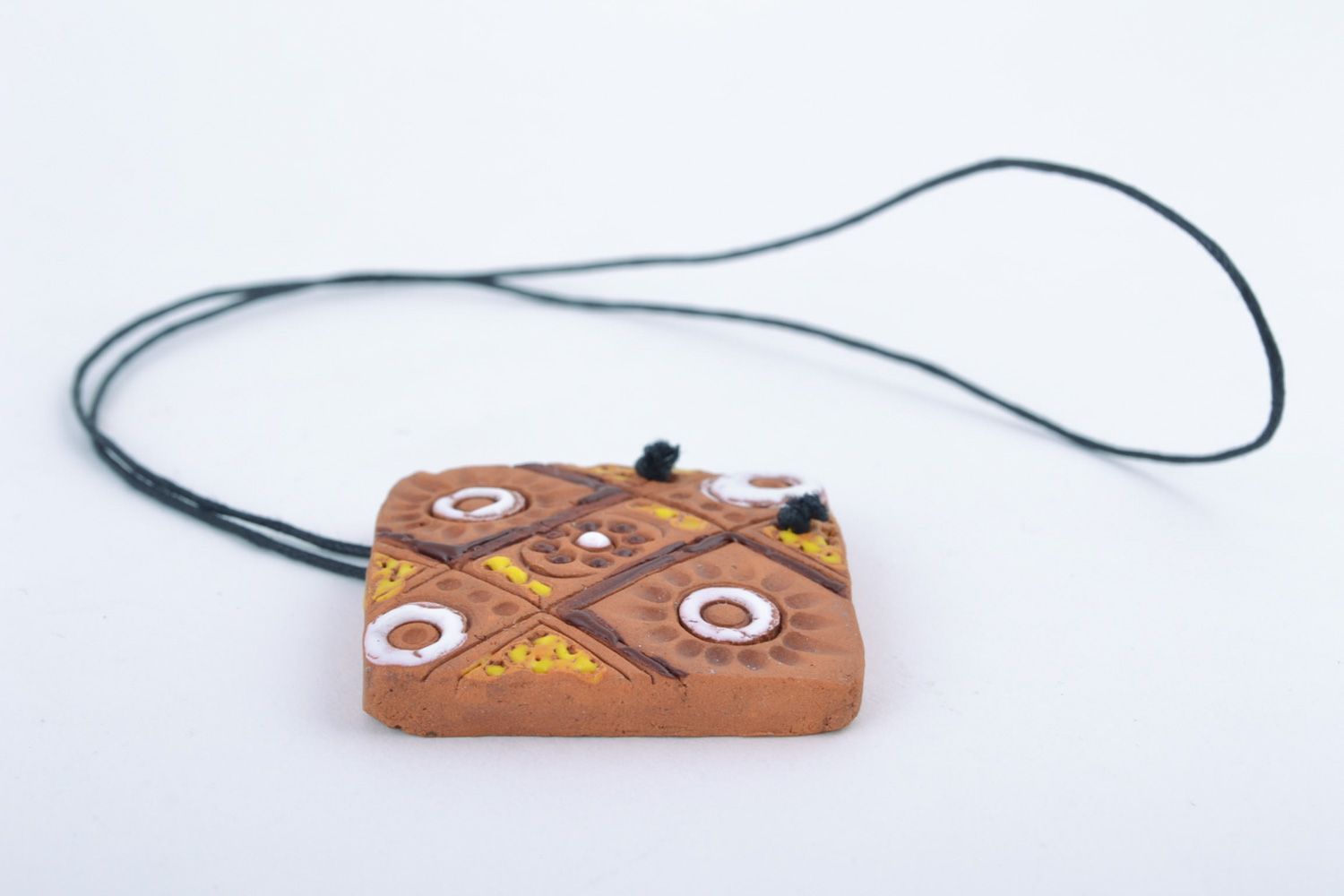 Handmade ceramic pendant with painting in ethnic style and cord for women photo 5